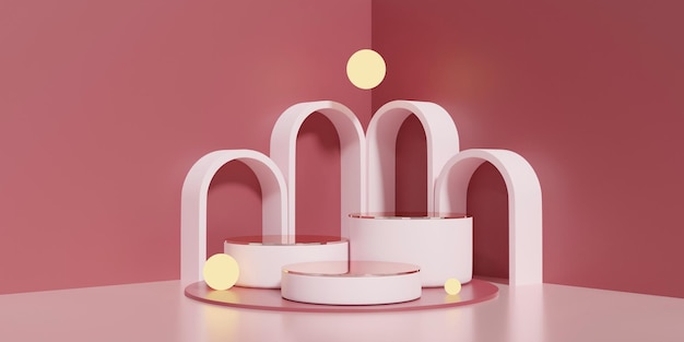 분홍색 받침대 연단의 3D 렌더링 미용 화장품을 위한 최소 연단 공백 공간