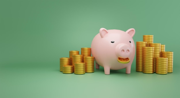 3d rendering pink piggy bank with gold coins stack on green background investment concept copy space