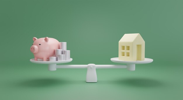 3 d レンダリング ピンクの貯金箱銀のコイン スタックと緑の背景の投資プロパティ コンセプトの重量計のホーム