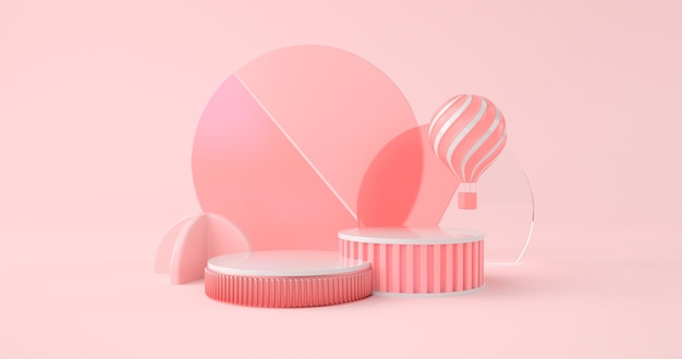 Rendering 3d di podio rosa e palloncino.