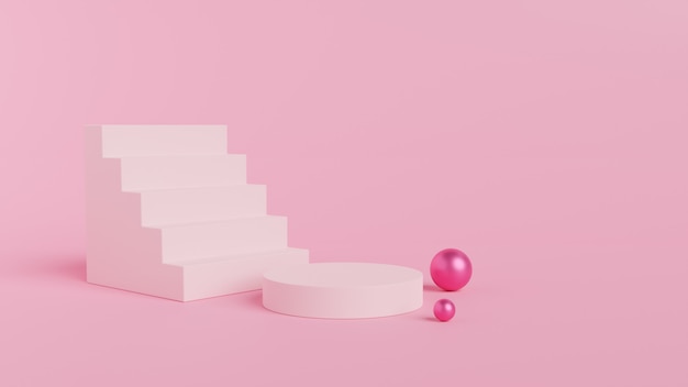 3D rendering of pink podium, stairs and spheres