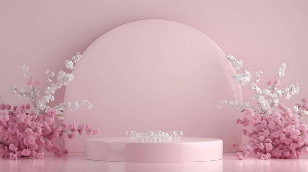 3D rendering of a pink podium with a circular backdrop The podium is decorated with delicate pink and white flowers