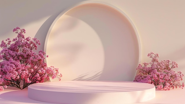 3Dレンダリング ピンクのポディウム 円形の背景で ポディウムはピンクの花に囲まれています シーンは柔らかいピンク色の光で照らされています