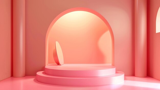Photo 3d rendering of a pink podium with a large arch in the background the podium is made up of 3 steps and has a round shape