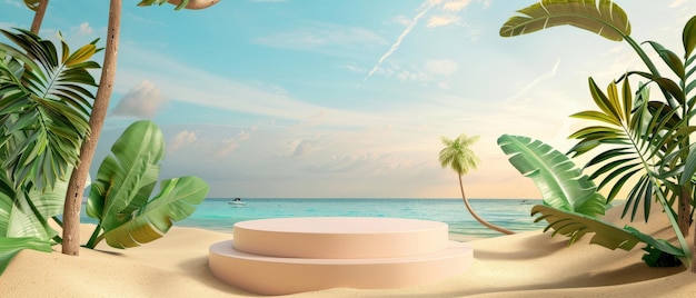 3d rendering of a pink podium with palm trees on a tropical beach