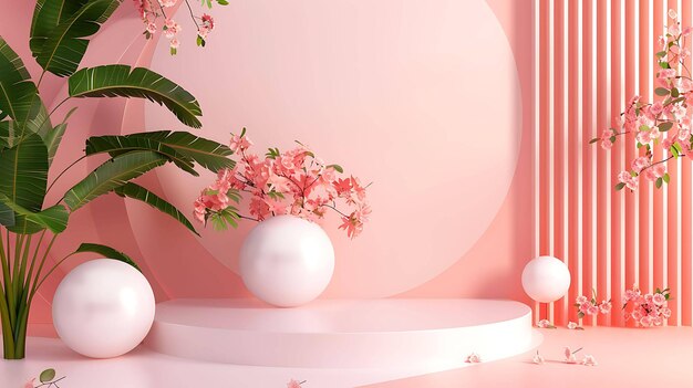 3d rendering of a pink podium with a pink flower arrangement and a palm leaf The background is a pink wall with a circular pattern