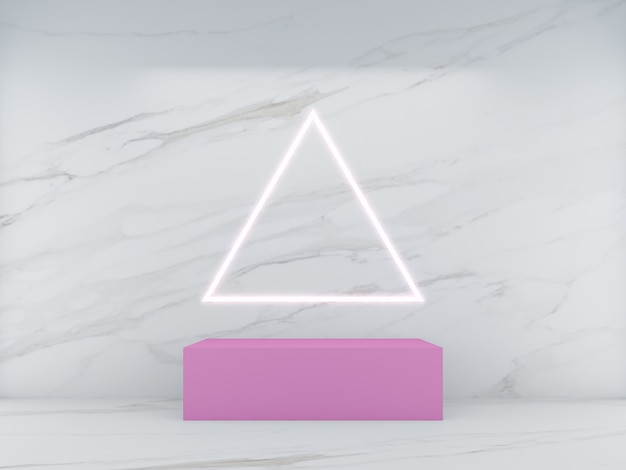 写真 白い大理石の背景と三角形のライトラインにピンクの正方形の表彰台をレンダリングする3d