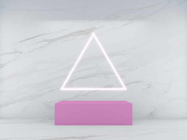 3d rendering pink square shape podium on white marble background and triangle light line