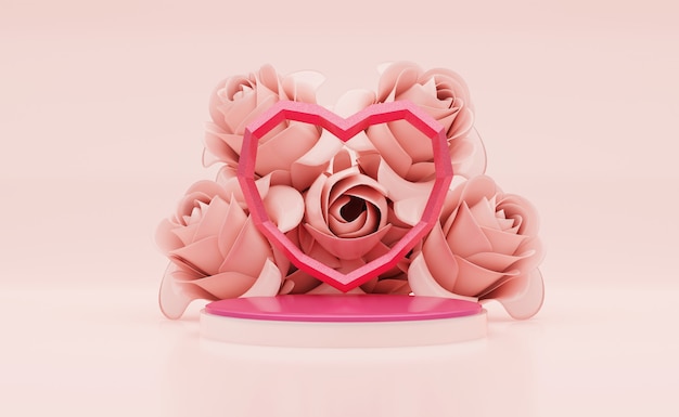 Foto rendering 3d studio a forma di cuore rosa sul podio rosa