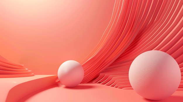 3D rendering of a pink and white abstract background with a podium and two spheres