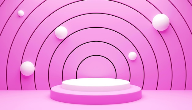 Foto rendering 3d di un podio rosa e bianco per una presentazione di un prodotto con forme geometriche