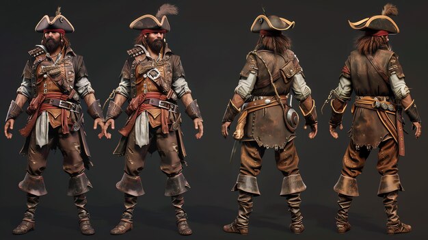 Photo a 3d rendering of a pirate captain he is wearing a tricorn hat a red sash and a brown coat he has a sword on his hip and a pistol in his hand