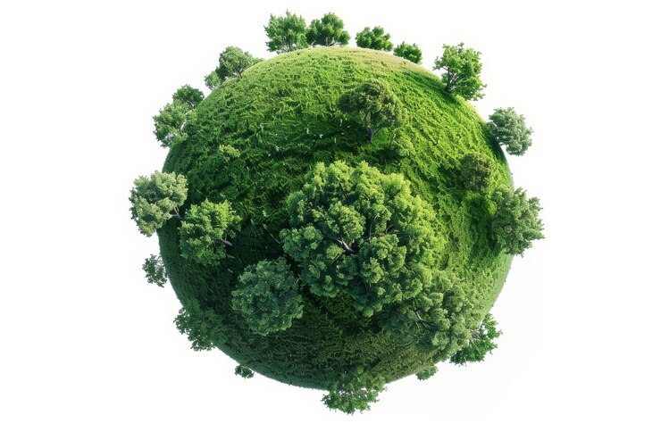 Photo 3d rendering planet earth as a spherical green field dotted with trees symbolizing ecosystem
