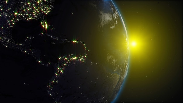 3D rendering planet Earth from space against the background of the starry sky and the Sun