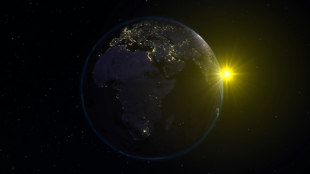 Rendering 3d del pianeta terra dallo spazio sullo sfondo del cielo stellato e del sole