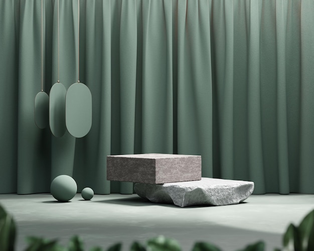 3D rendering platform podium with plant and curtain product presentation background