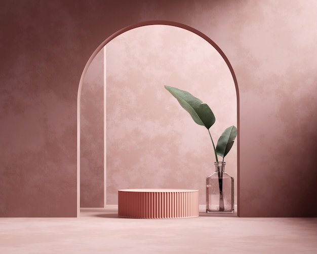 3D rendering platform podium with plant product presentation background