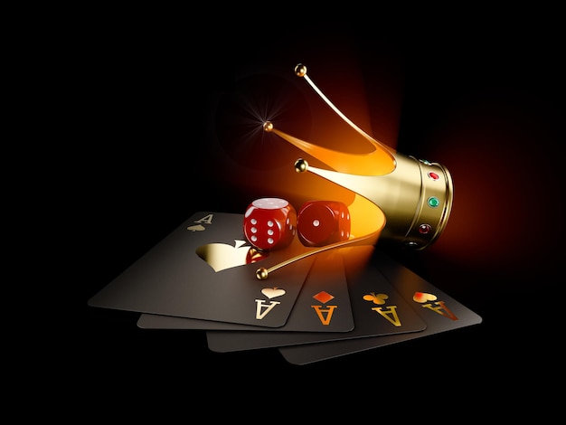 3d Rendering of Play cards with Red dice and gold crown, casino background. Gambling template. Clipping path included.