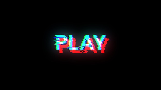 3d rendering play text with screen effects of technological glitches
