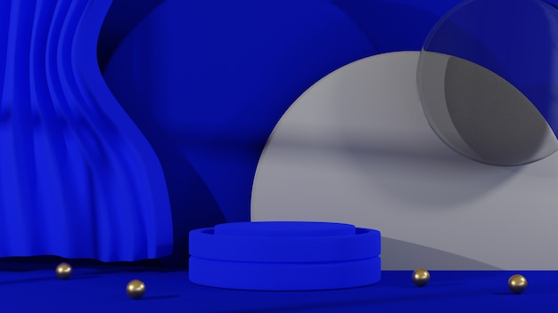 3d rendering of podium. Blue background with geometric composition.