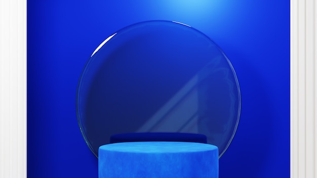 3d rendering of podium. Blue background with geometric composition.