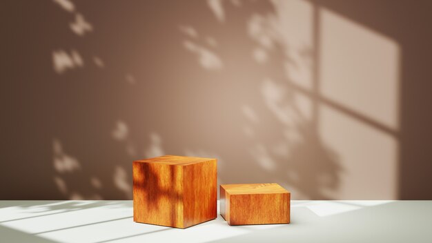 3D rendering of Podium box made of wood and window shadow background. Mockup for show product.