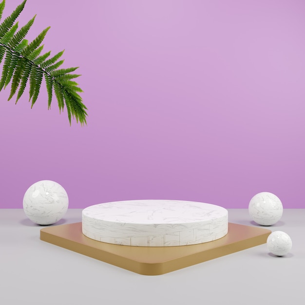 3D-rendering podium keramisch podium voor productmodelpresentatie met ronde rots en planten