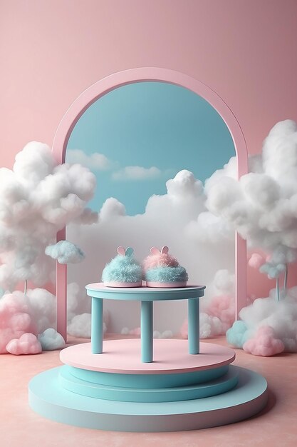 3D rendering podium kid style with color pastel background clouds and weather with space for kids or baby product