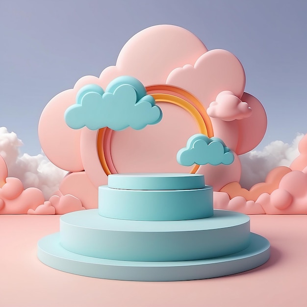 3D-rendering podium kind stijl met kleur pastel achtergrond wolken en weer met ruimte voor kinderen of baby product
