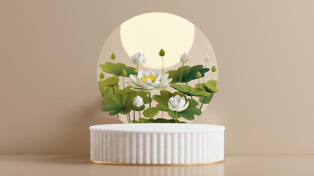 등불 꽃 달 토끼 mooncaketea 냄비와 배경에 아시아 요소와 중순 가을 축제 휴일 또는 구정 중국 축제를위한 3D 렌더링 연단