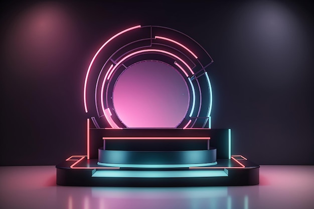 3d rendering of podium product presentation display stand with abstract neon light dark theme