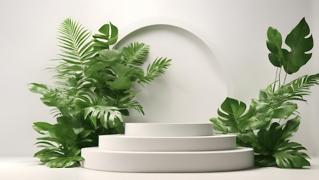 3D-rendering podium showcase op lichte witte achtergrond met schaduwen in groene tropische bladeren van planten