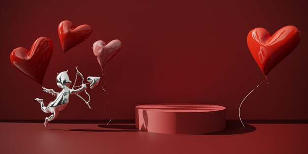3D-рендеринг подиума, подставка с шарами в форме сердечек.