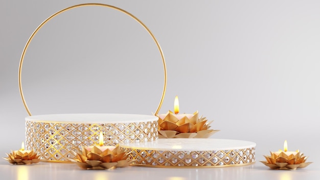 3D-rendering podium voor diwali festival Deepavali of Diwali het festival van lichten india met gouden diya op podium patroon en kristallen op kleur achtergrond