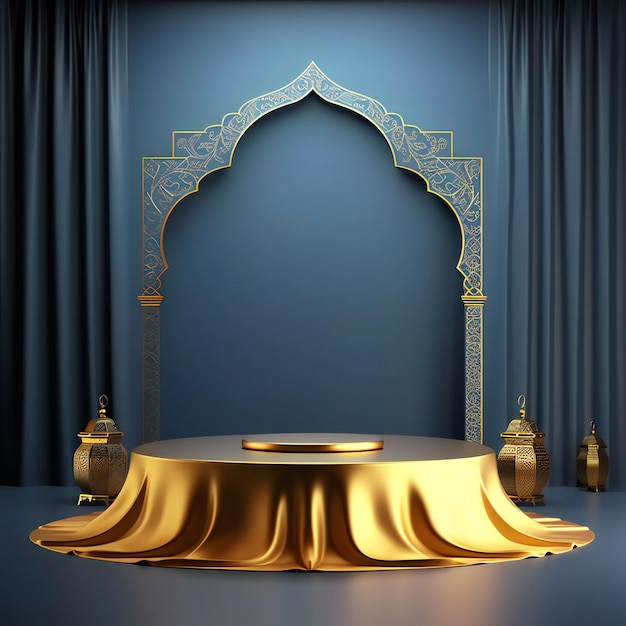 3D-рендеринг подиума с золотой роскошной шелковой тканью с фонарями Ramadan kareem styleound
