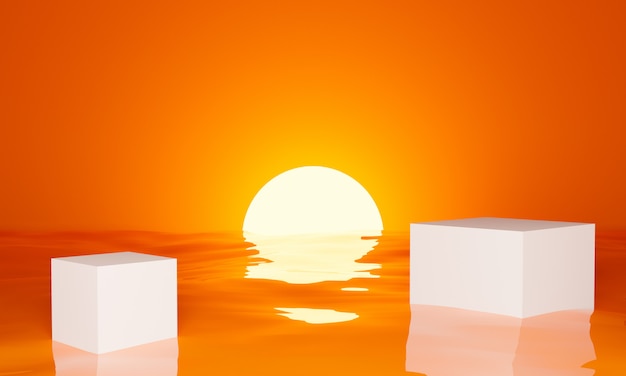 3d rendering of podium with wave and sunset