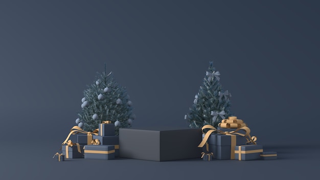 Foto rendering 3d di podi con regali di natale