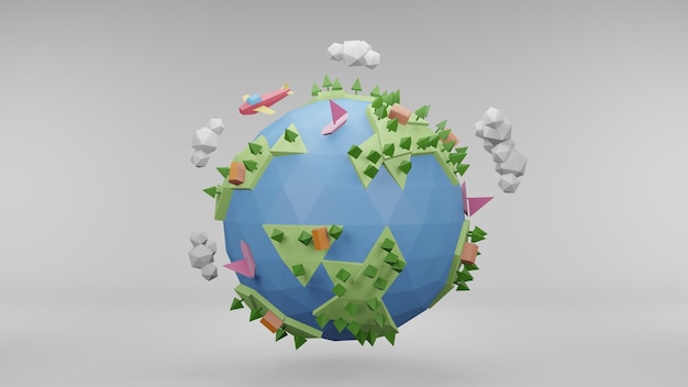 3D rendering Polygonal globe Low poly Illustration of a earth Environment and earth day concept