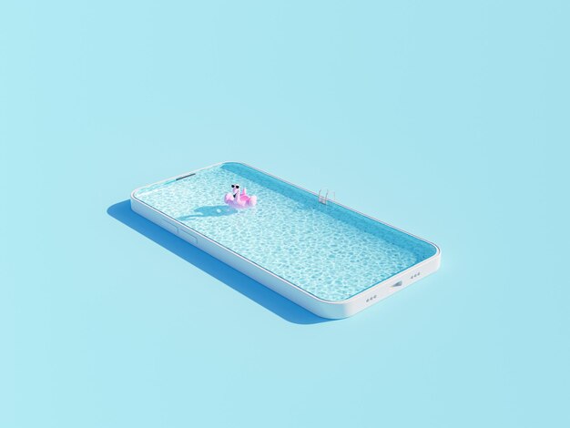 Rendering 3D della piscina nella custodia dello smartphone su superficie blu