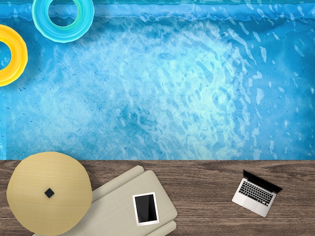 3d rendering pool top view with daybed, laptop and swim rings