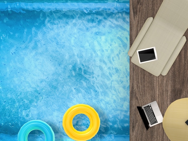 3d rendering pool top view with daybed, laptop and swim rings