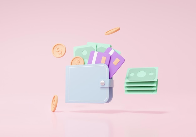 3D-rendering portemonnee pictogram Drijvende cashback met bankbiljetten munten creditcard Financiën besparing online betaling investeringsconcept op geïsoleerde roze achtergrond, illustratie