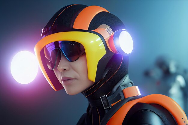 3D rendering Portrait of a futuristic sci fi female wearing a tactical jump suit and a science ficti