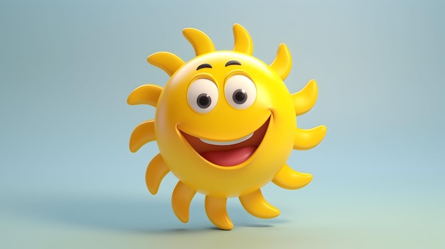 A 3D rendering portraying a joyful sun character