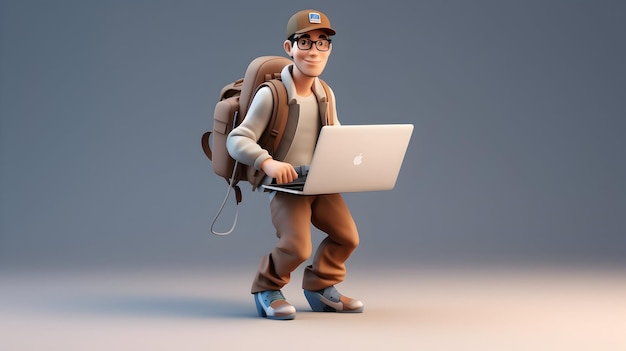 3D-рендеринг, изображающий мотивированного 3D-персонажа, уверенно стоящего с ноутбуком