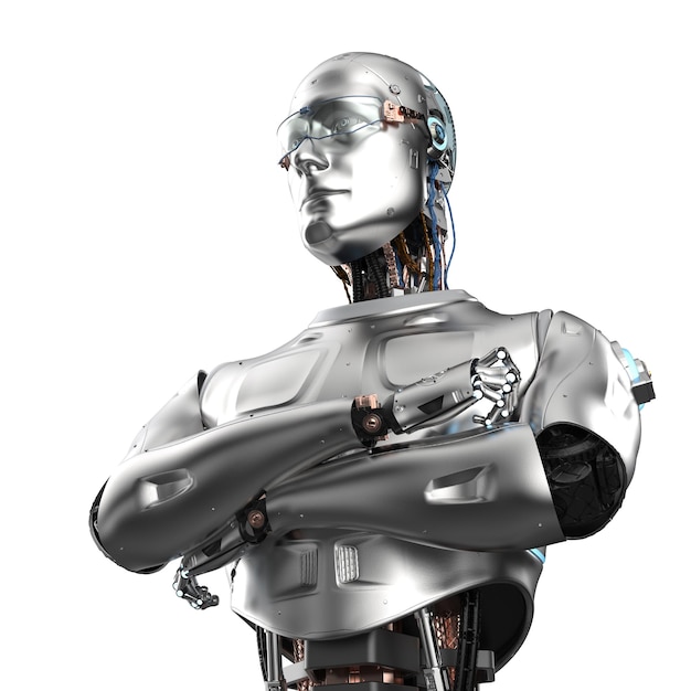 3D-rendering portret robot of cyborg arm gekruist geïsoleerd op wit