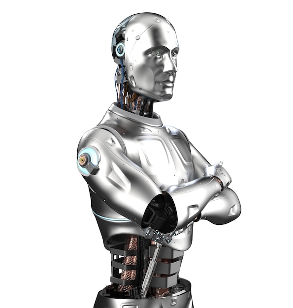 3D-rendering portret robot of cyborg arm gekruist geïsoleerd op wit