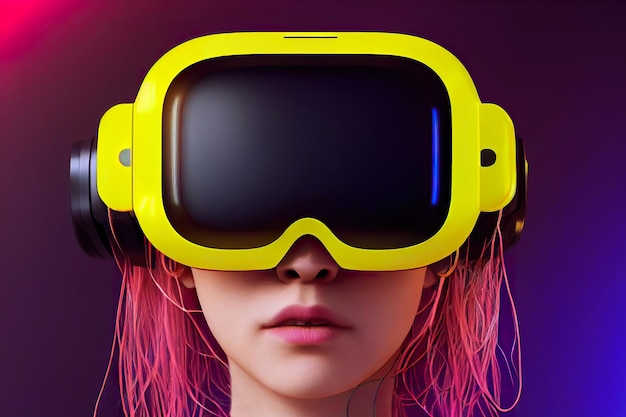 3D-rendering Portret van jonge cyber meisje met gloeiende rode gele draden haar draagt science fiction.
