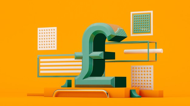 3D rendering Pound currency on yellow background