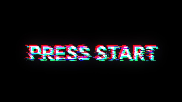 3D rendering press start text with screen effects of technological glitches